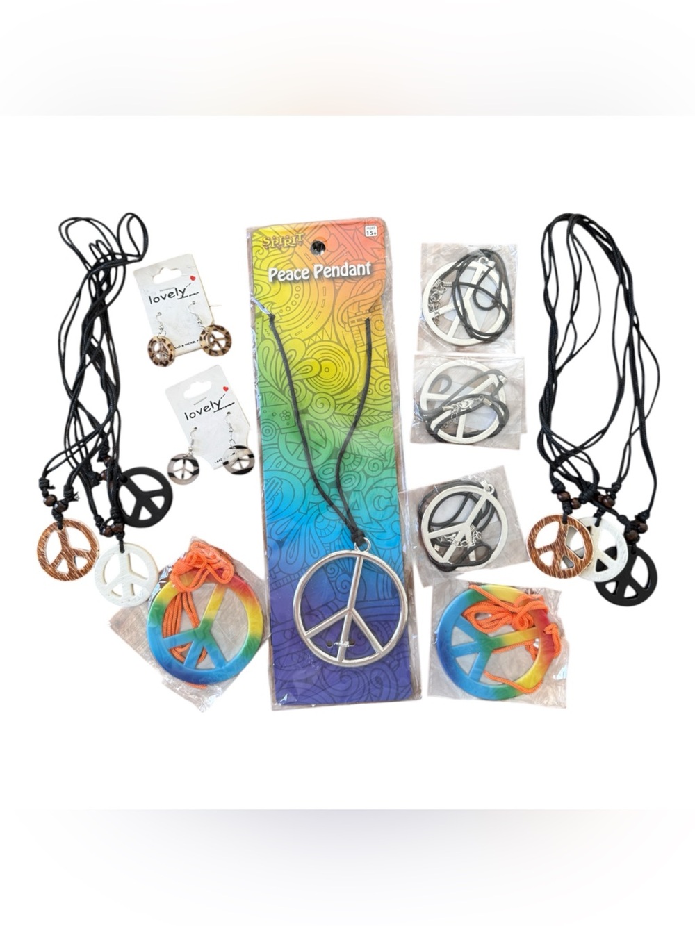 Peace Sign Jewelry Lot 12 Necklaces 2 Earrings Hippie Festival Halloween Costume